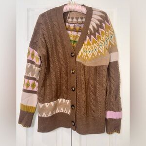 La Ligne Patchwork Fair Isle Merino Wool Cardigan Cable Knit Button Sweater